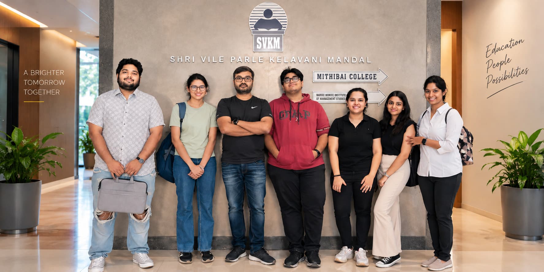 Swapnil with a group of students in front of the SVKM and Mithibai College sign
